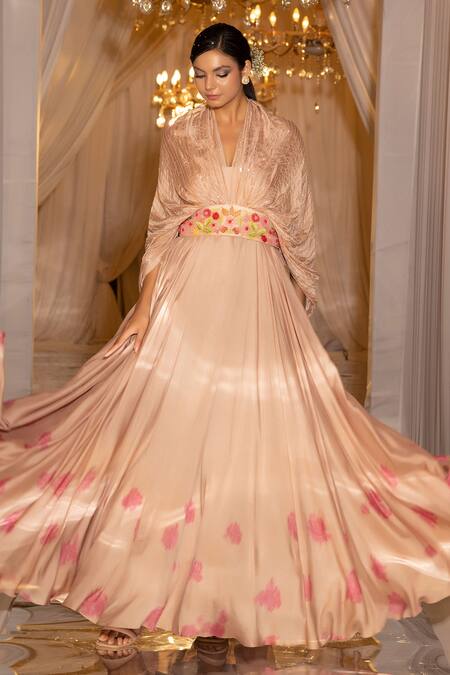 Buy_Islie By Priya Jain_Ivory Silk Embroidery Plunge Neck Sequin Embellished Cape Gown With Belt _Online_at_Aza_Fashions
