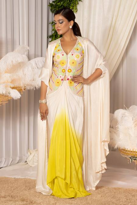 Islie By Priya Jain_Cream Kota Doria Embroidery V-neck Shaded Draped Skirt Set _Online_at_Aza_Fashions