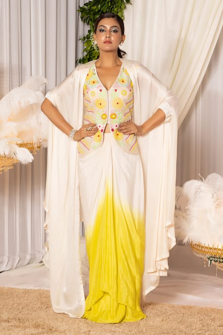 ISLIE BY PRIYA JAIN Cream Kora Silk Embroidered French Knot V Neck Shaded Draped Skirt Set 