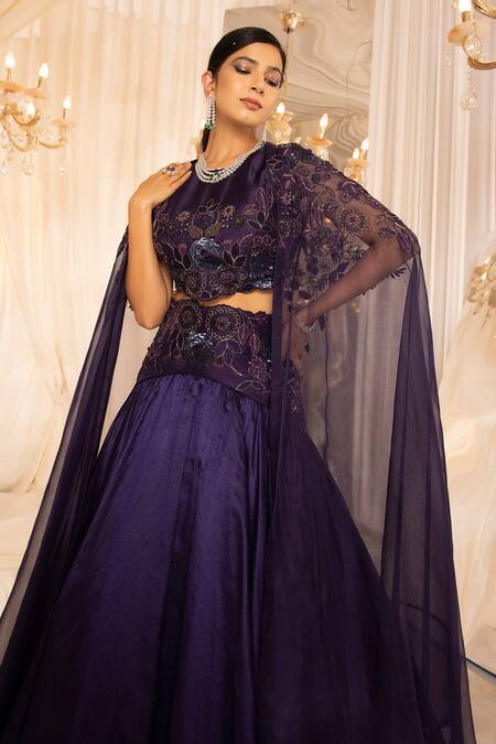 Islie By Priya Jain_Purple Organza, Kota Doria Embroidery, Sequins Round Floral Cutwork Lehenga Set _Online_at_Aza_Fashions