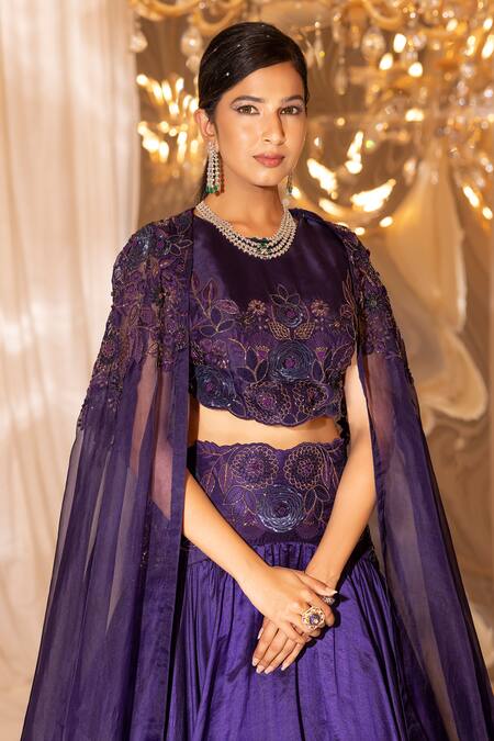 Buy_Islie By Priya Jain_Purple Organza, Kota Doria Embroidery, Sequins Round Floral Cutwork Lehenga Set _Online_at_Aza_Fashions