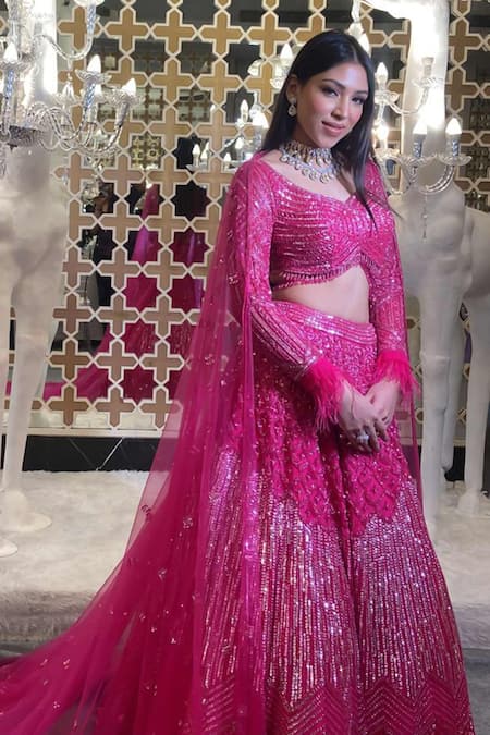 Isa By Dolly Wahal Pink Net Embellished Bead Sweetheart Crystal Bridal Lehenga Set 