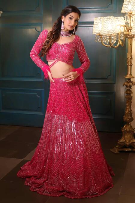 Isa By Dolly Wahal Pink Net Beads, Feathers, Sequins Crystal Embellished Bridal Lehenga Set Online at Aza Fashions Isa By Dolly Wahal_Pink Net Beads, Feathers, Sequins Crystal Embellished Bridal Lehenga Set _Online_at_Aza_Fashions