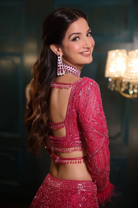 Shop Isa By Dolly Wahal Pink Net Beads, Feathers, Sequins Crystal Embellished Bridal Lehenga Set Shop_Isa By Dolly Wahal_Pink Net Beads, Feathers, Sequins Crystal Embellished Bridal Lehenga Set