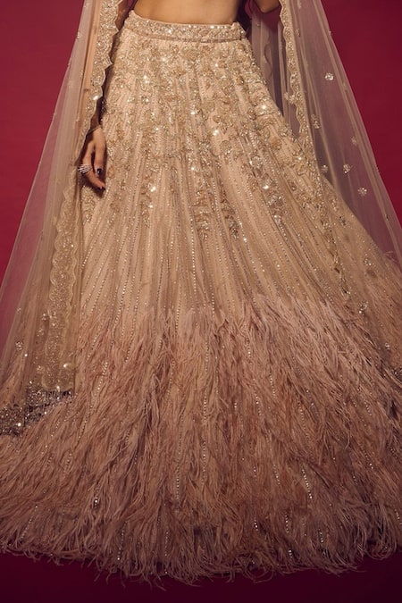 Isa By Dolly Wahal Gold Net Crystals, Sequins, Beads Scoop Feather Embellished Bridal Lehenga Set Online at Aza Fashions Isa By Dolly Wahal_Gold Net Crystals, Sequins, Beads Scoop Feather Embellished Bridal Lehenga Set _Online_at_Aza_Fashions