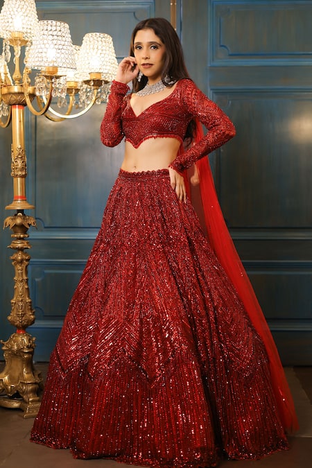 Isa By Dolly Wahal Maroon Net Embellished Bead Sweetheart Rida Sequin Chevron Lehenga Set 