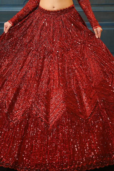 Buy_Isa By Dolly Wahal_Maroon Net Beads, Sequins, Crystals Rida Embellished Chevron Lehenga Set _Online_at_Aza_Fashions
