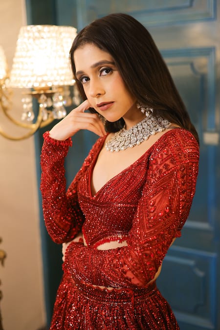 Buy_Isa By Dolly Wahal_Maroon Net Beads, Sequins, Crystals Rida Embellished Chevron Lehenga Set 