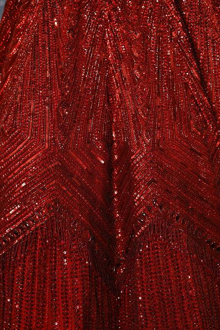 Shop_Isa By Dolly Wahal_Maroon Net Beads, Sequins, Crystals Rida Embellished Chevron Lehenga Set 
