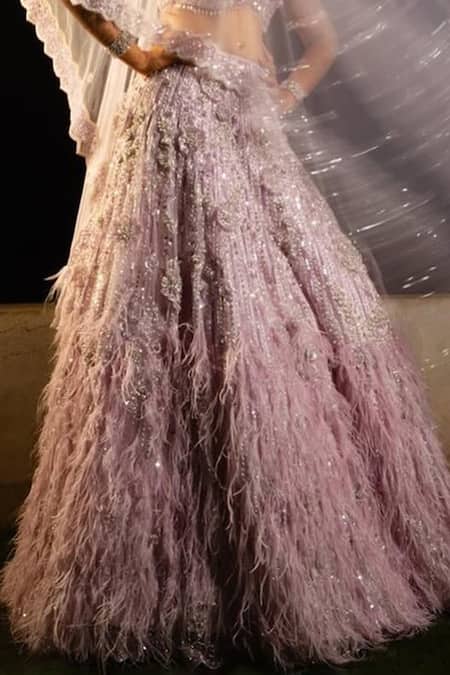 Isa By Dolly Wahal_Purple Net Feathers, Crystals, Lana Applique Embellished Bridal Lehenga Set _Online_at_Aza_Fashions