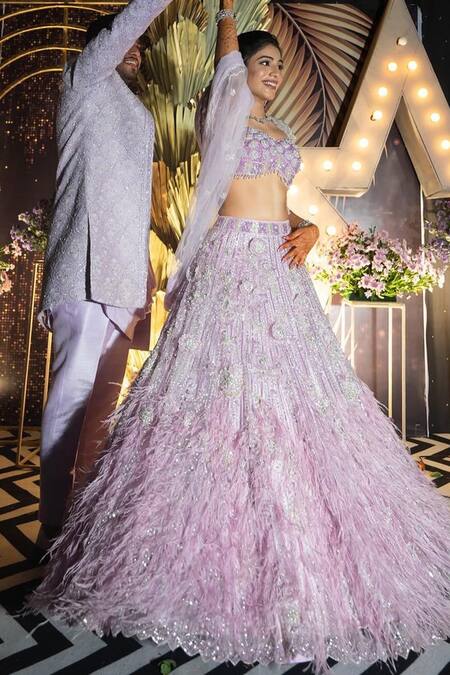 Buy_Isa By Dolly Wahal_Purple Net Feathers, Crystals, Lana Applique Embellished Bridal Lehenga Set _Online_at_Aza_Fashions