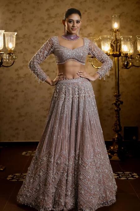 Isa By Dolly Wahal_Pink Net Beads, Sequins, Afra Floral Chevron Embellished Bridal Lehenga Set _Online_at_Aza_Fashions