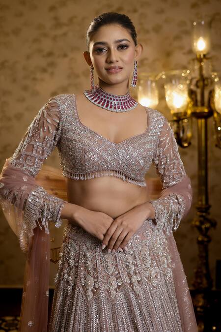 Shop Isa By Dolly Wahal Pink Net Beads, Sequins, Afra Floral Chevron Embellished Bridal Lehenga Set Shop_Isa By Dolly Wahal_Pink Net Beads, Sequins, Afra Floral Chevron Embellished Bridal Lehenga Set