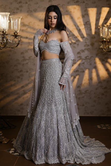 Isa By Dolly Wahal Silver Net Embellished Bead Off Sienna Crystal Scallop Bridal Trail Lehenga Set 