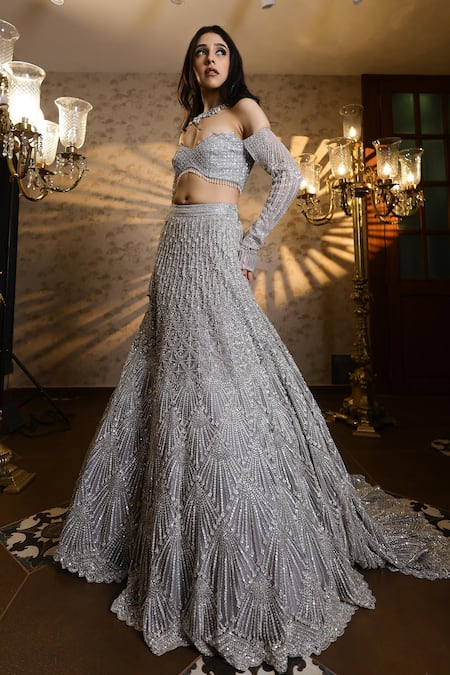 Isa By Dolly Wahal_Silver Net Beads, Crystals, Sienna Embellished Scallop Bridal Trail Lehenga Set _Online_at_Aza_Fashions