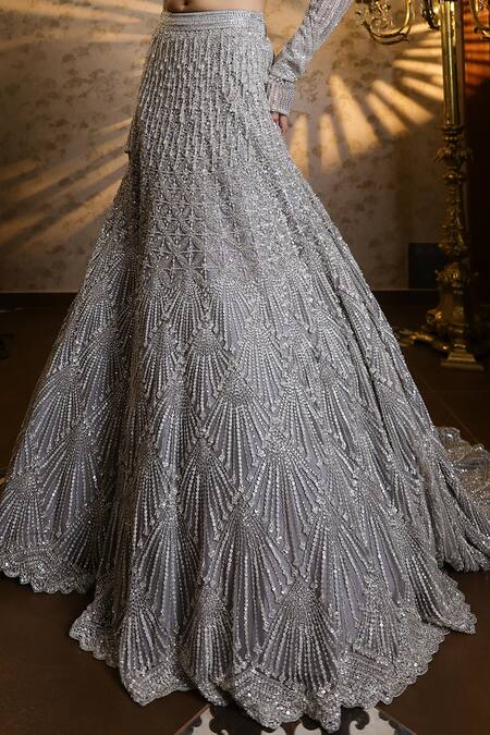 Buy Isa By Dolly Wahal Silver Net Beads, Crystals, Sienna Embellished Scallop Bridal Trail Lehenga Set Online at Aza Fashions Buy_Isa By Dolly Wahal_Silver Net Beads, Crystals, Sienna Embellished Scallop Bridal Trail Lehenga Set _Online_at_Aza_Fashions