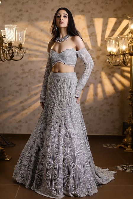 Shop_Isa By Dolly Wahal_Silver Net Beads, Crystals, Sienna Embellished Scallop Bridal Trail Lehenga Set _Online_at_Aza_Fashions