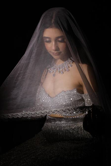 Buy_Isa By Dolly Wahal_Silver Net Beads, Crystals, Sienna Embellished Scallop Bridal Trail Lehenga Set 