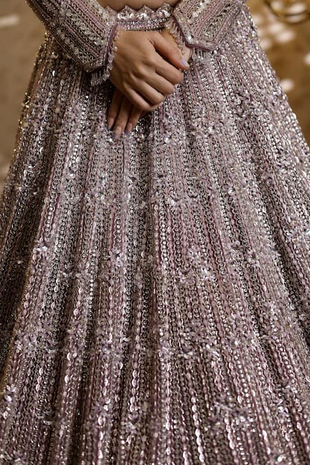 Shop_Isa By Dolly Wahal_Purple Net Crystals, Sequins, Floral Cluster Embellished Bridal Lehenga Set _Online_at_Aza_Fashions