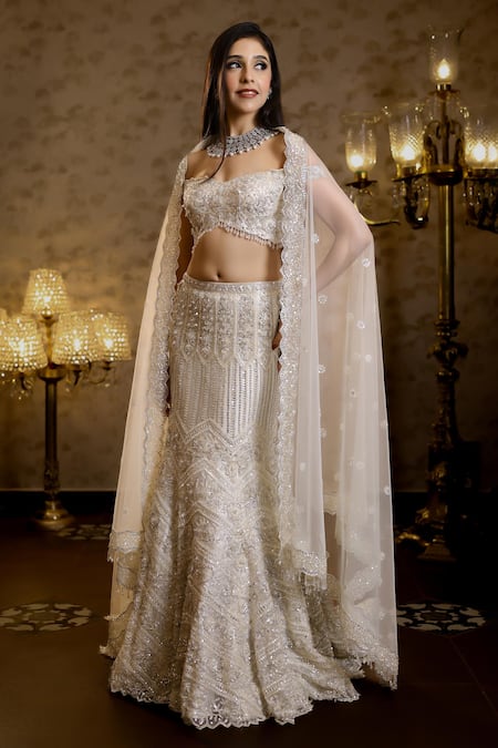 Isa By Dolly Wahal Ivory Net Embellished Bead Off Rena Chevron Crystal Bridal Mermaid Lehenga Set 