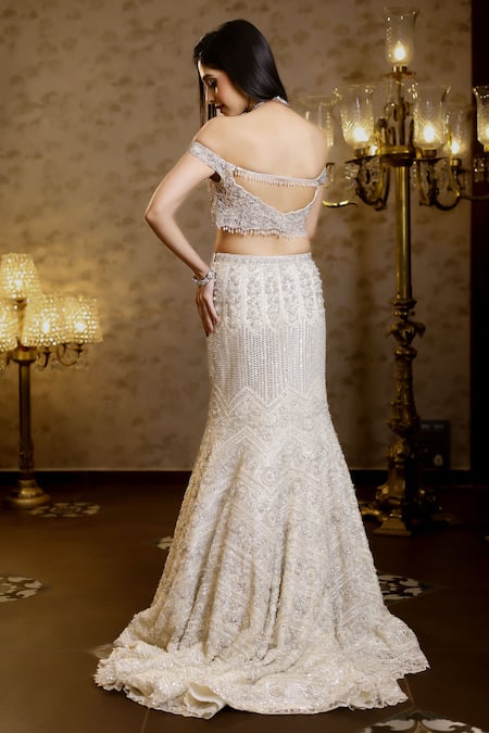 Isa By Dolly Wahal Rena Chevron Crystal Embellished Bridal Mermaid Lehenga Set 
