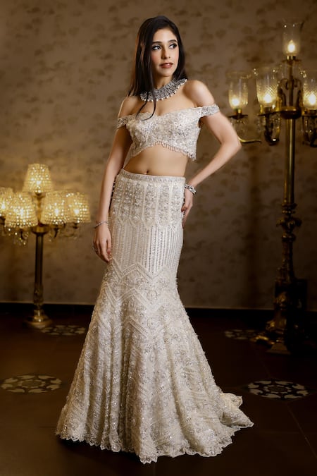 Isa By Dolly Wahal_Ivory Net Sequins, Beads, Rena Chevron Embellished Bridal Mermaid Lehenga Set _Online_at_Aza_Fashions