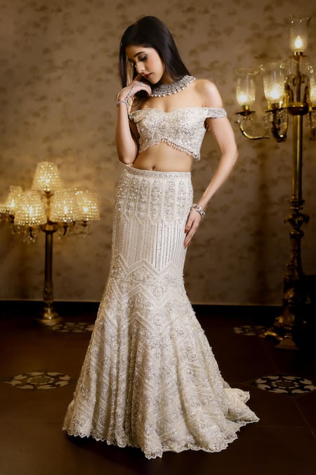Buy_Isa By Dolly Wahal_Ivory Net Sequins, Beads, Rena Chevron Embellished Bridal Mermaid Lehenga Set _Online_at_Aza_Fashions