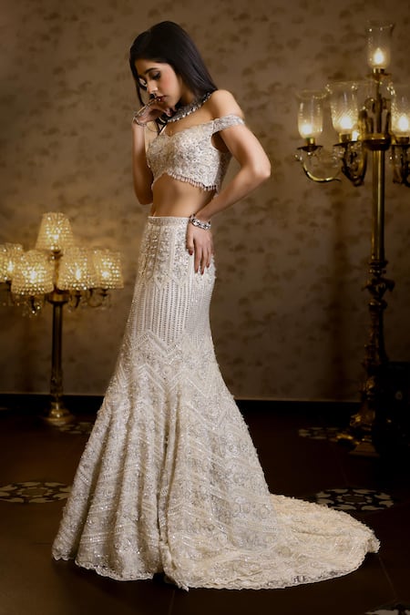 Shop_Isa By Dolly Wahal_Ivory Net Sequins, Beads, Rena Chevron Embellished Bridal Mermaid Lehenga Set _Online_at_Aza_Fashions