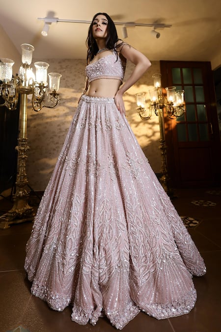 Isa By Dolly Wahal_Pink Net Beads, Sequins, Crystals 3d Flower Embellished Bridal Lehenga Set _Online_at_Aza_Fashions