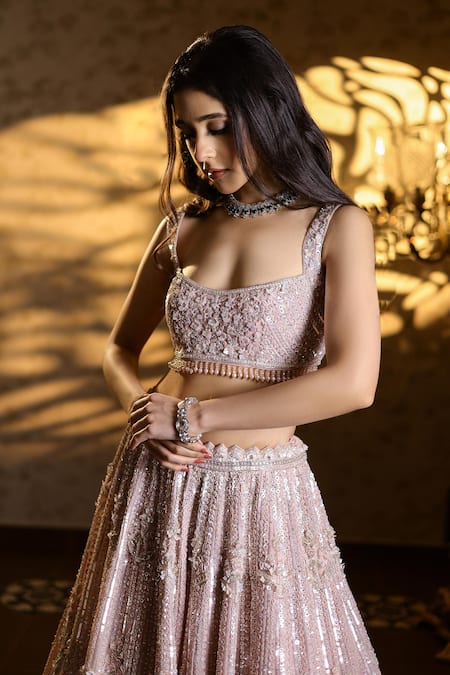 Buy_Isa By Dolly Wahal_Pink Net Beads, Sequins, Crystals 3d Flower Embellished Bridal Lehenga Set _Online_at_Aza_Fashions