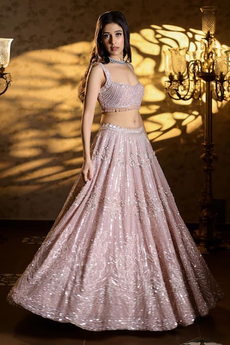 Shop_Isa By Dolly Wahal_Pink Net Beads, Sequins, Crystals 3d Flower Embellished Bridal Lehenga Set _Online_at_Aza_Fashions