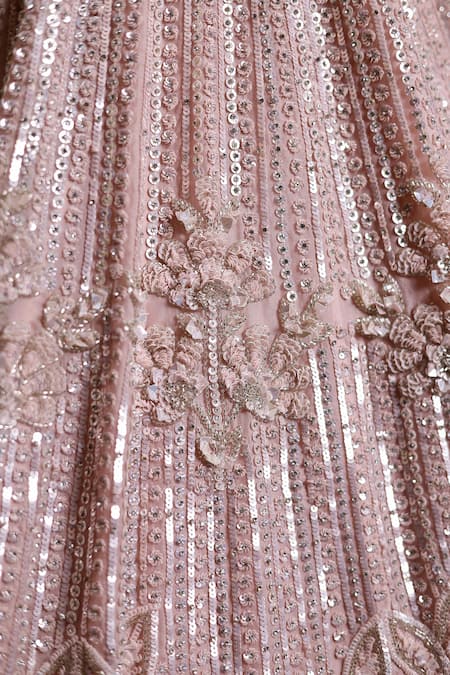 Isa By Dolly Wahal_Pink Net Beads, Sequins, Crystals 3d Flower Embellished Bridal Lehenga Set _at_Aza_Fashions