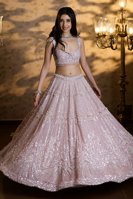 Buy_Isa By Dolly Wahal_Pink Net Beads, Sequins, Crystals 3d Flower Embellished Bridal Lehenga Set 