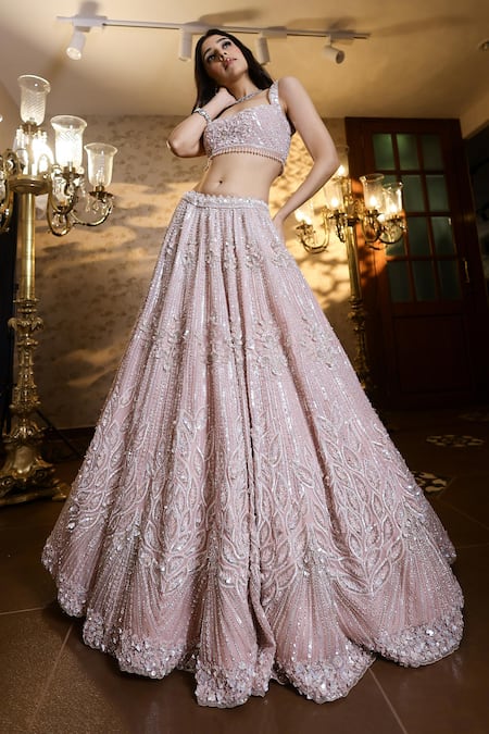 Shop_Isa By Dolly Wahal_Pink Net Beads, Sequins, Crystals 3d Flower Embellished Bridal Lehenga Set 