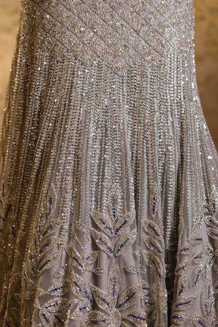 Shop_Isa By Dolly Wahal_Silver Net Serena Checkered Embellished Fish-cut Bridal Lehenga With Blouse _Online_at_Aza_Fashions