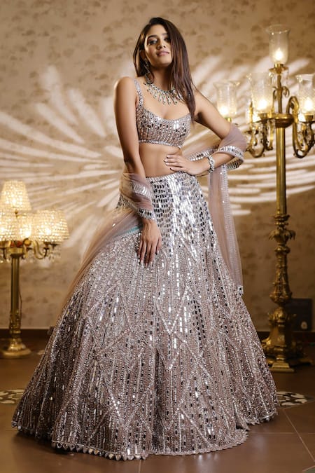 Isa By Dolly Wahal Beige Net Embellished Crystal Scoop Mirrorwork Geometric Lehenga Set 