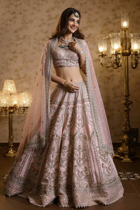 Isa By Dolly Wahal_Pink Net Pearls, Sequins, Zari Zardozi Embroidered Floral Bridal Lehenga Set _Online_at_Aza_Fashions