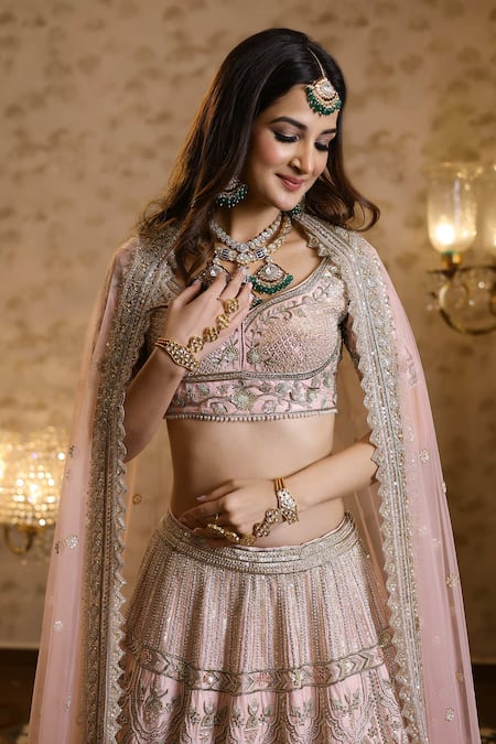 Shop_Isa By Dolly Wahal_Pink Net Pearls, Sequins, Zari Zardozi Embroidered Floral Bridal Lehenga Set _Online_at_Aza_Fashions