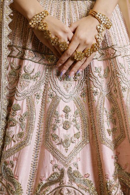 Isa By Dolly Wahal_Pink Net Pearls, Sequins, Zari Zardozi Embroidered Floral Bridal Lehenga Set _at_Aza_Fashions