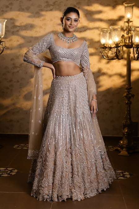 Isa By Dolly Wahal Beige Net Embellished Bead Scoop Sequin Crystal Checkered Floral Lehenga Set 