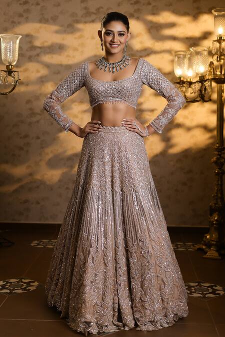 Isa By Dolly Wahal_Beige Net Sequins, Crystals, Beads Embellished Checkered Floral Lehenga Set _Online_at_Aza_Fashions