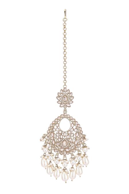 Auraa Trends_White Pearls Kundan Studded Chandbali Earrings With Maangtikka _Online_at_Aza_Fashions