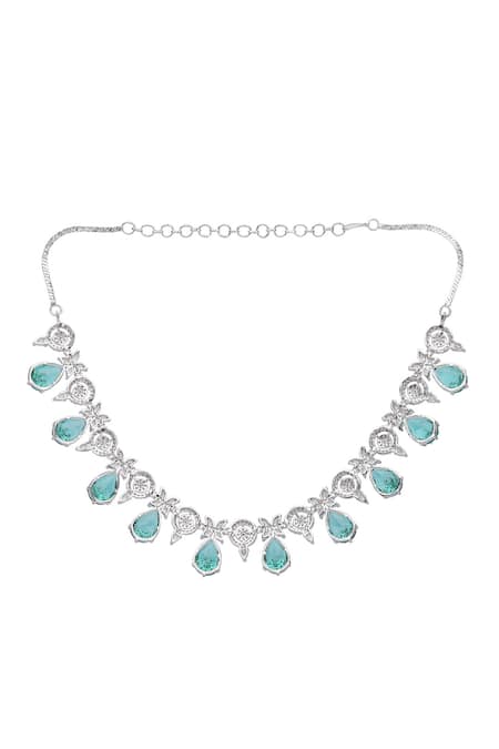 Auraa Trends_Green Crystals Geometric Carved Kundan Embellished Necklace Set _Online_at_Aza_Fashions