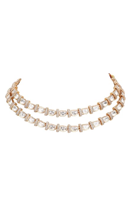 Auraa Trends_White Pearls, Beads Polki Embellished Layered Choker Set _at_Aza_Fashions