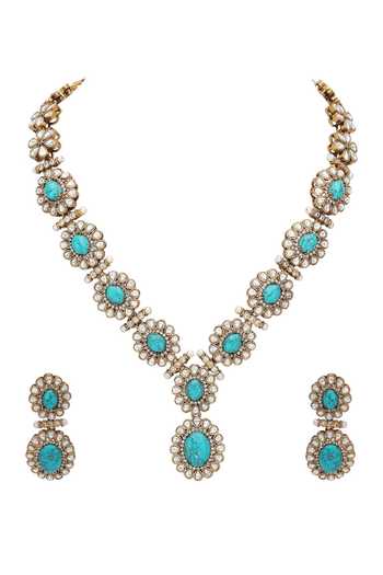 Shop_Auraa Trends_Green Crystals, Stones Floret Carved Necklace Set _Online_at_Aza_Fashions