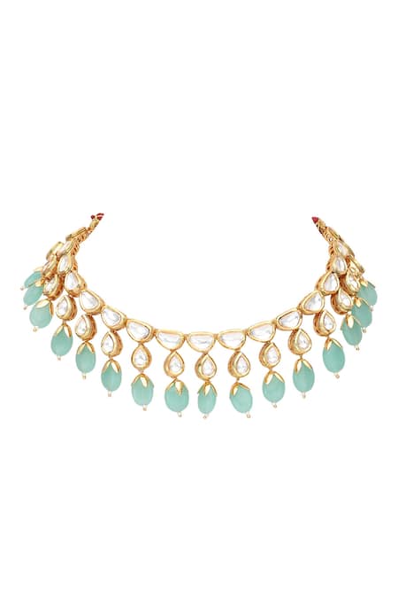 Auraa Trends_Green Crystals, Stones Drop Embellished Choker Set _Online_at_Aza_Fashions