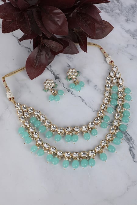 Shop Auraa Trends Green Crystals, Stones Embellished Layered Necklace Set at Aza Fashions Shop_Auraa Trends_Green Crystals, Stones Embellished Layered Necklace Set _at_Aza_Fashions