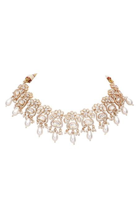 Auraa Trends_White Crystals Floral Carved Jewellery Set _Online_at_Aza_Fashions