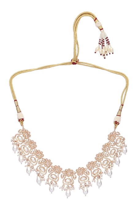 Shop_Auraa Trends_White Crystals Floral Carved Jewellery Set _Online_at_Aza_Fashions