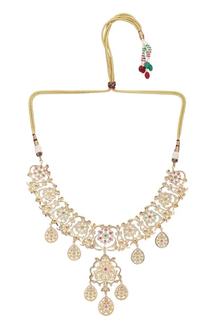 Auraa Trends_Multi Color Crystals, Stones Floral Swirl Studded Necklace Set _Online_at_Aza_Fashions